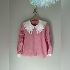 Vintage Nautical Sailor Red White Striped Button Down Top Shirt Statement Collar